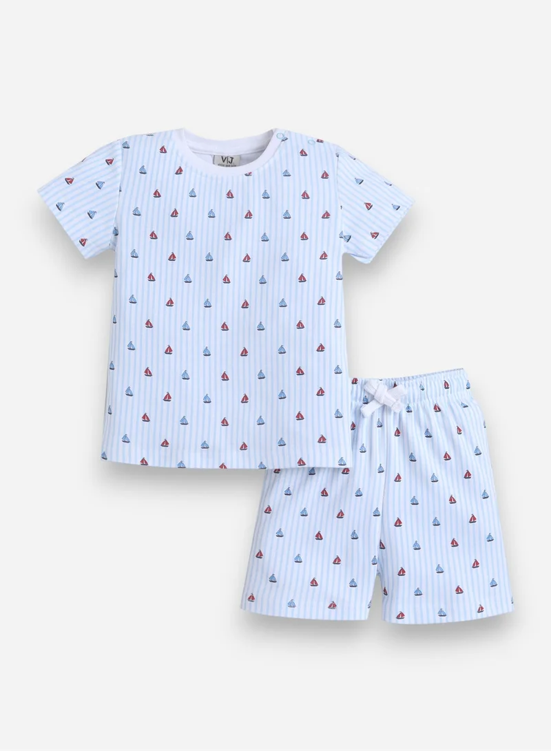 victor and jane Infant Boys Sailboats Print Cotton Pajama Set – Striped T-Shirt & Shorts Nightwear